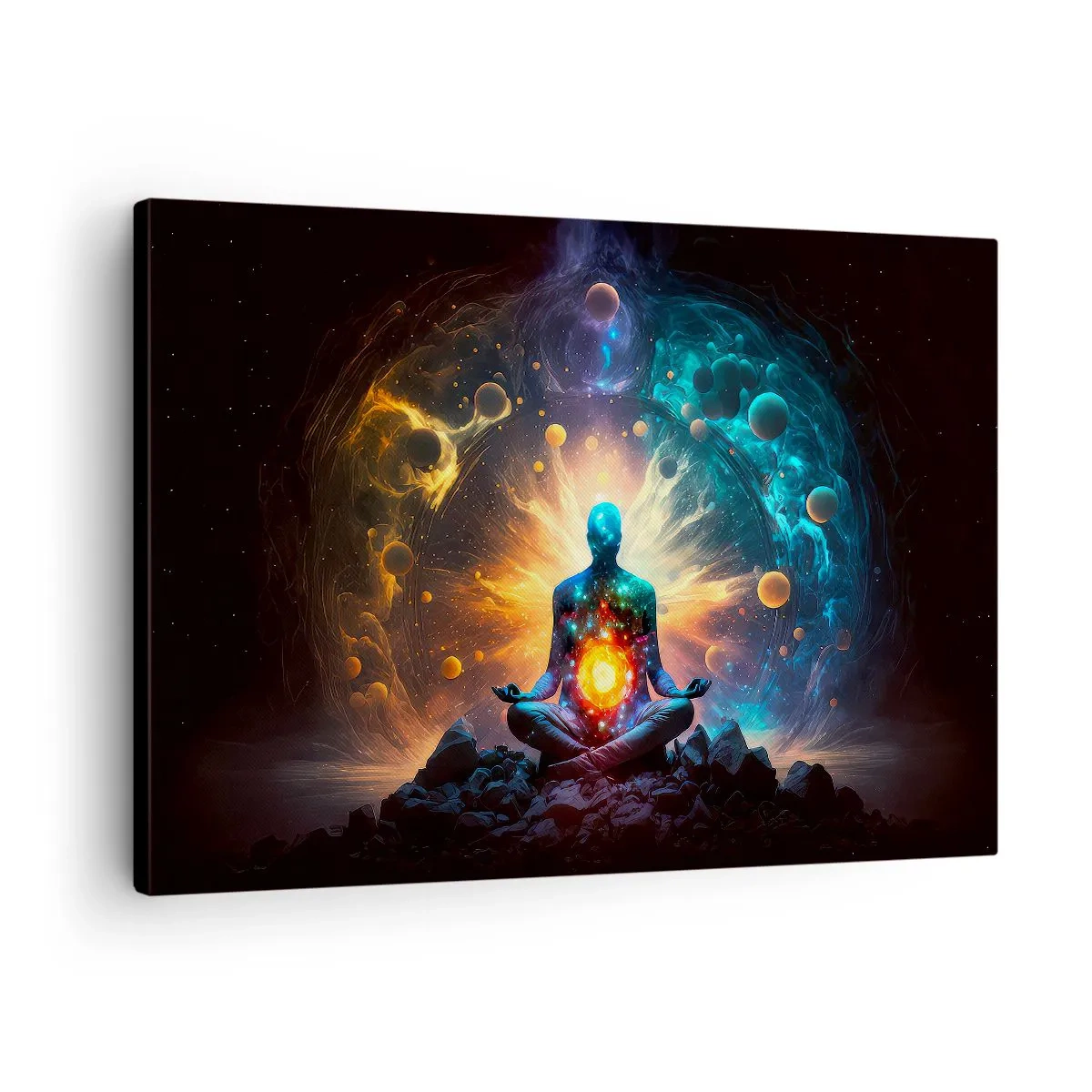 Lærredstryk - Billede på lærred - En figur i meditation omgivet af en kosmisk aura - 70x50cm - Kosmisk ro - Moderne vægdekoration til stue og soveværelse ARTTOR