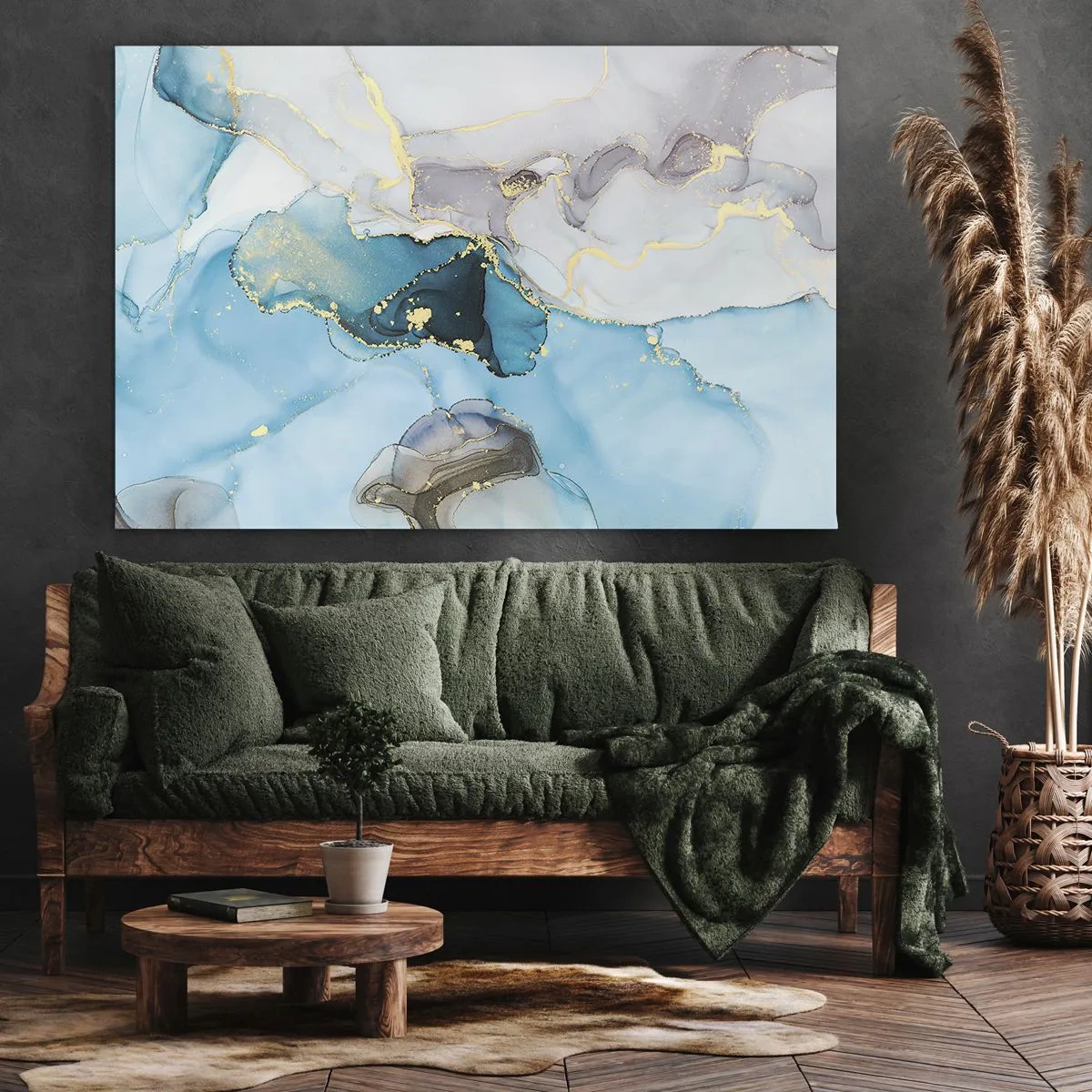 Lærredstryk - Billede på lærred - Abstraktion i nuancer af blå og guld med diskrete linjer - 70x50cm - En undersøgelse af mødet mellem grå og turkis - Moderne vægdekoration til stue og soveværelse ARTTOR