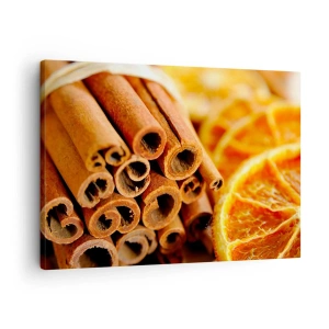 Lærredstryk - Billede på lærred - Kanelstænger med tørrede appelsinskiver i varme farver - 70x50cm - Kan du lugte deres duft? - Moderne vægdekoration til stue og soveværelse ARTTOR