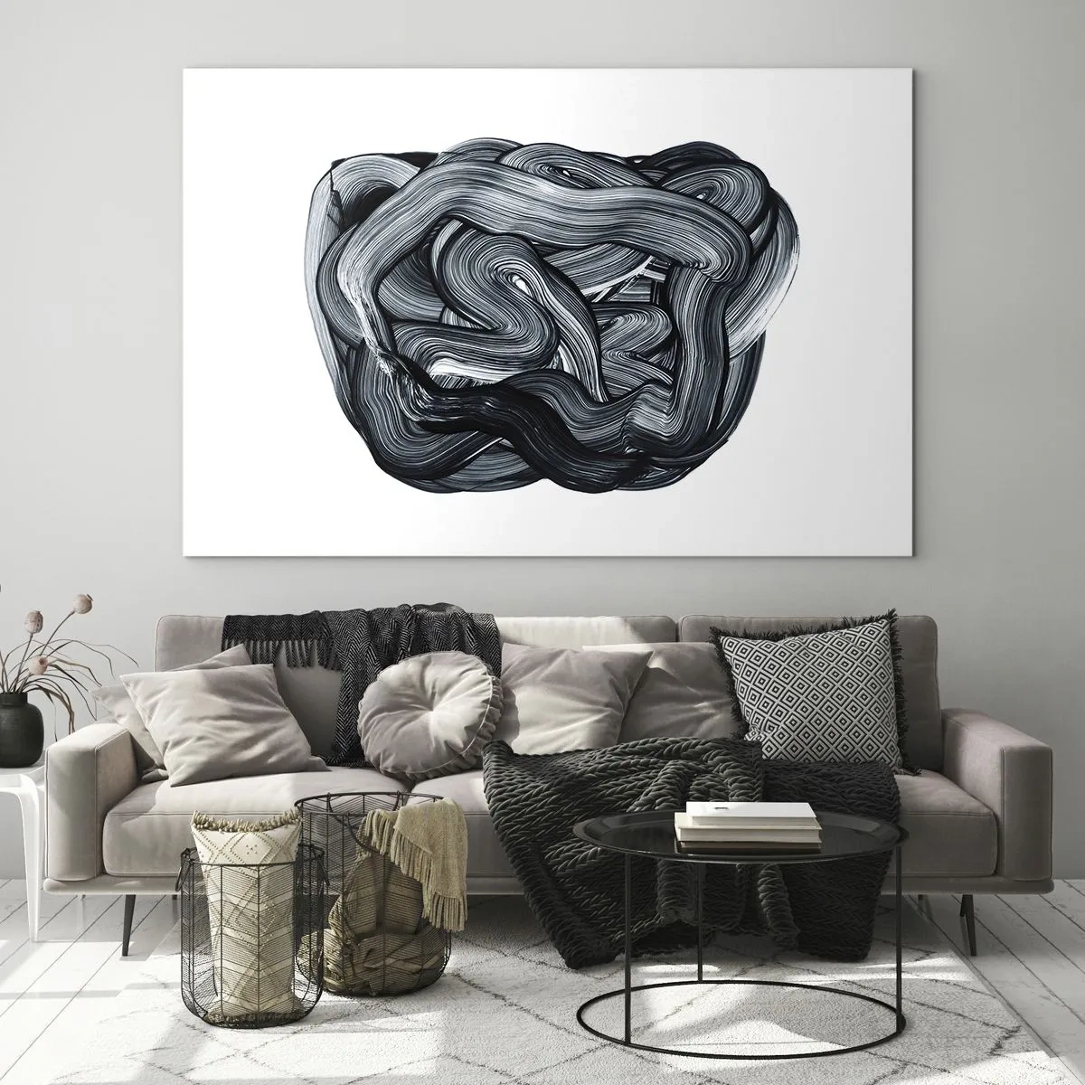 Billede på glas - Sort og hvid penselstrøgsabstraktion - 70x50cm - Så enkelt er det ikke - Moderne vægdekoration til stue og soveværelse ARTTOR