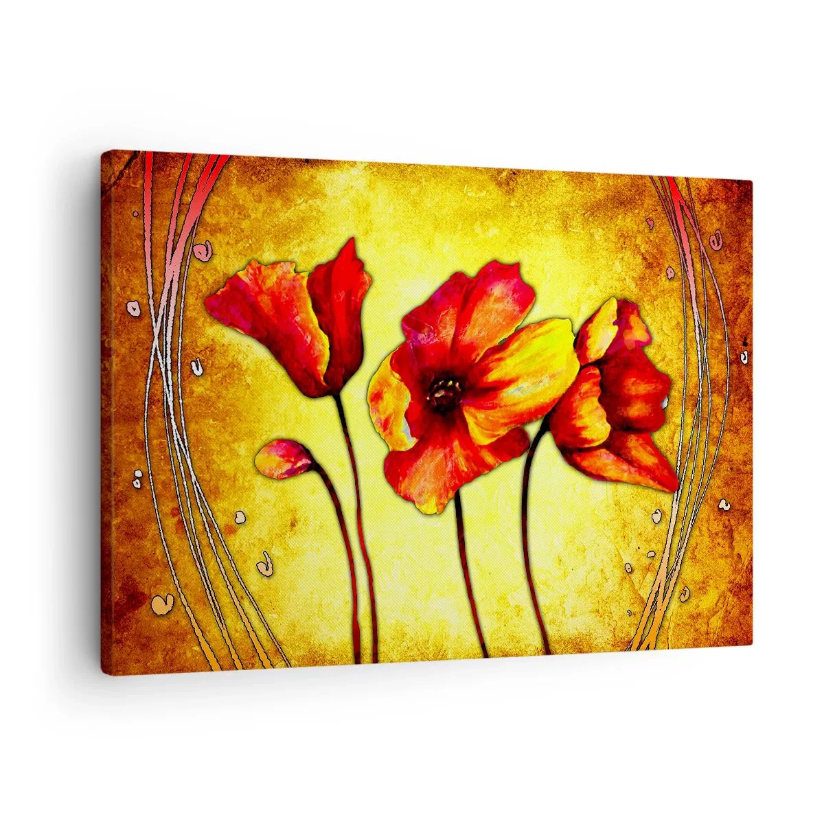 Lærredstryk - Billede på lærred - Røde og gule blomster på en gylden baggrund med dekorative mønstre - 70x50cm - I Art Nouveau dekoration - Moderne vægdekoration til stue og soveværelse ARTTOR