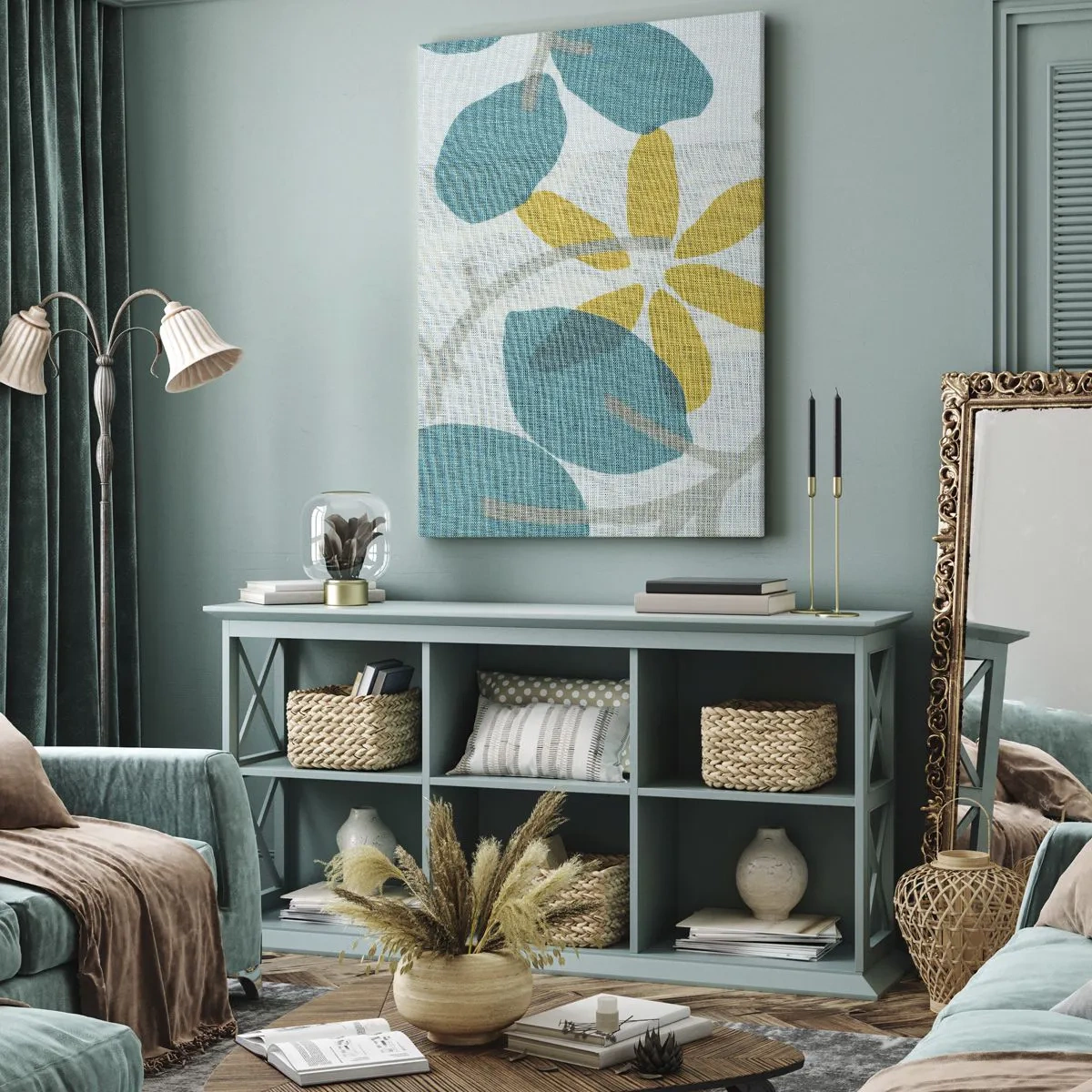 Lærredstryk - Billede på lærred - Blandt azurblå blade - 45x80 cm