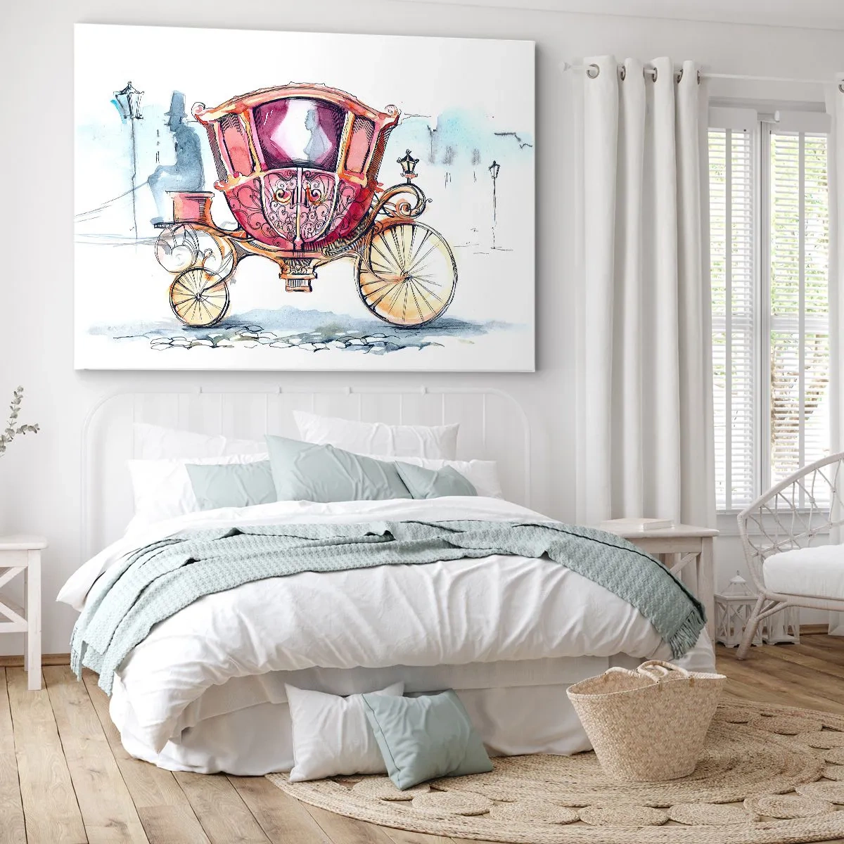 Lærredstryk - Billede på lærred - En stilfuld illustration af en antik vogn i pastelfarver. - 70x50cm - Til brylluppet eller til ballet? - Moderne vægdekoration til stue og soveværelse ARTTOR