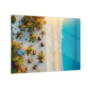 Billede på glas - Luftfoto af en tropisk strand med palmer og parasoller - 70x50cm - Velkommen til paradis - Moderne vægdekoration til stue og soveværelse ARTTOR