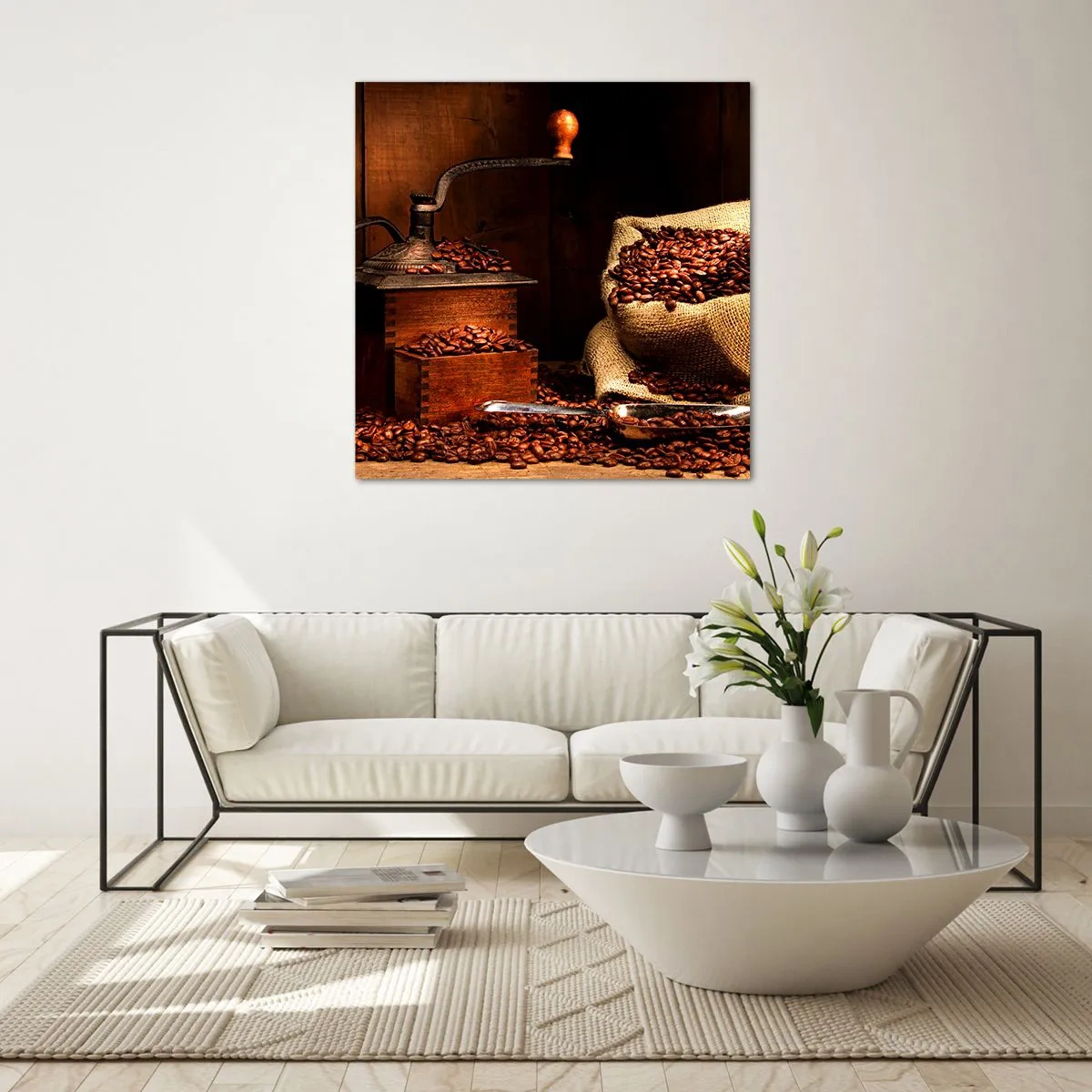 Billede på glas - Stilleben med kaffebønner og kværn - 70x70 cm