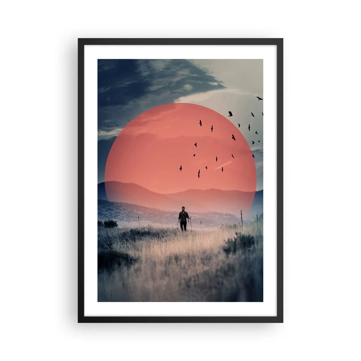 Plakat i sort ramme - En mand går gennem en mark mod en rød sol - 50x70cm - I sine elementer - Moderne vægdekoration til stue og soveværelse ARTTOR