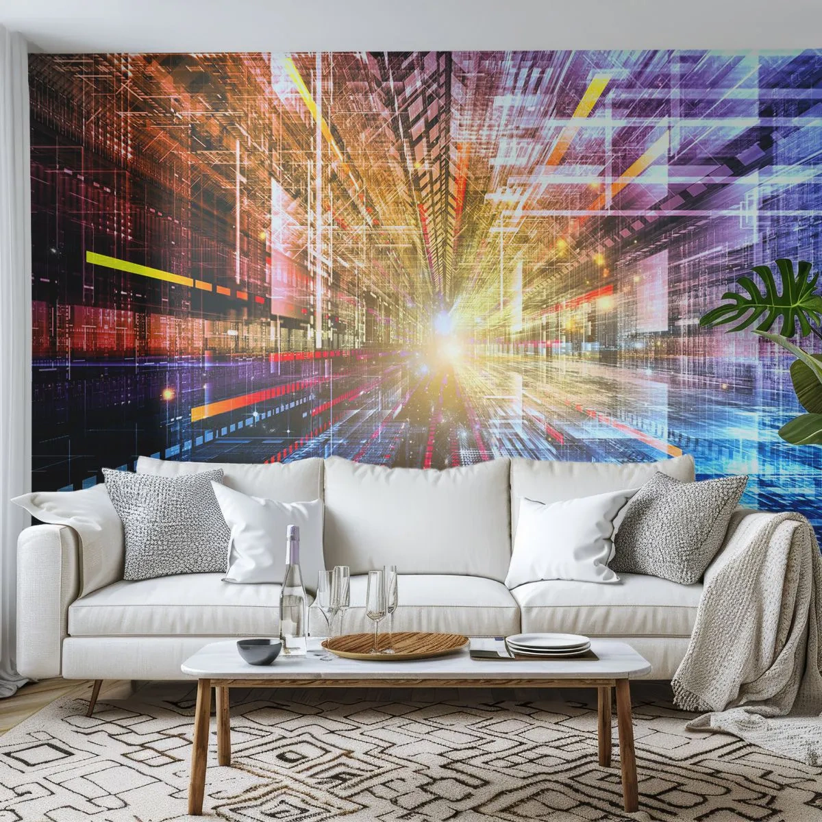 Fototapet Selvklæbende Deluxe Sticker - Lysende korridor - Abstraktion, Grafik, 3D - 450x315 cm
