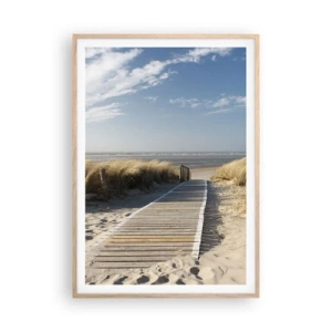 Plakat i ramme af lyst egetræ - Bag klitten, i græssets summen - 70x100 cm