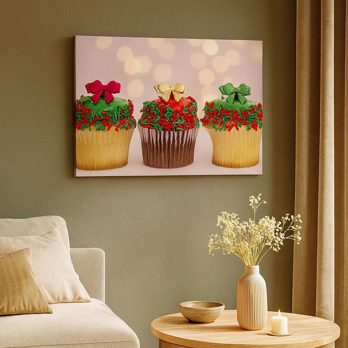 Lærredstryk - Billede på lærred - Julecupcakes med farverige krymmel og sløjfer - 70x50cm - Slik i buen - Moderne vægdekoration til stue og soveværelse ARTTOR
