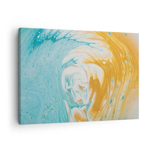 Lærredstryk - Billede på lærred - Abstrakte bølger i nuancer af blå og guld på lærred - 70x50cm - Pastel hvirvel - Moderne vægdekoration til stue og soveværelse ARTTOR