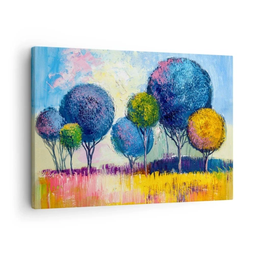 Lærredstryk - Billede på lærred - Farverige kugleformede træer mod en landskabs baggrund - 70x50cm - Kugle - idealets form - Moderne vægdekoration til stue og soveværelse ARTTOR