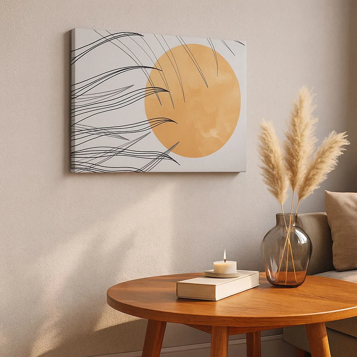 Lærredstryk - Billede på lærred - Abstrakte græsstrå mod baggrunden af en stor orange sol - 70x50cm - Altid mod solen - Moderne vægdekoration til stue og soveværelse ARTTOR