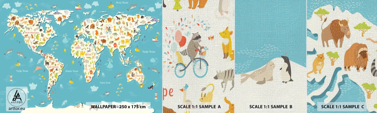 Prøve Fototapet Premium Canvas - Vi elsker hele verden - Verdenskort, Dyr, For børn - 100x30 cm