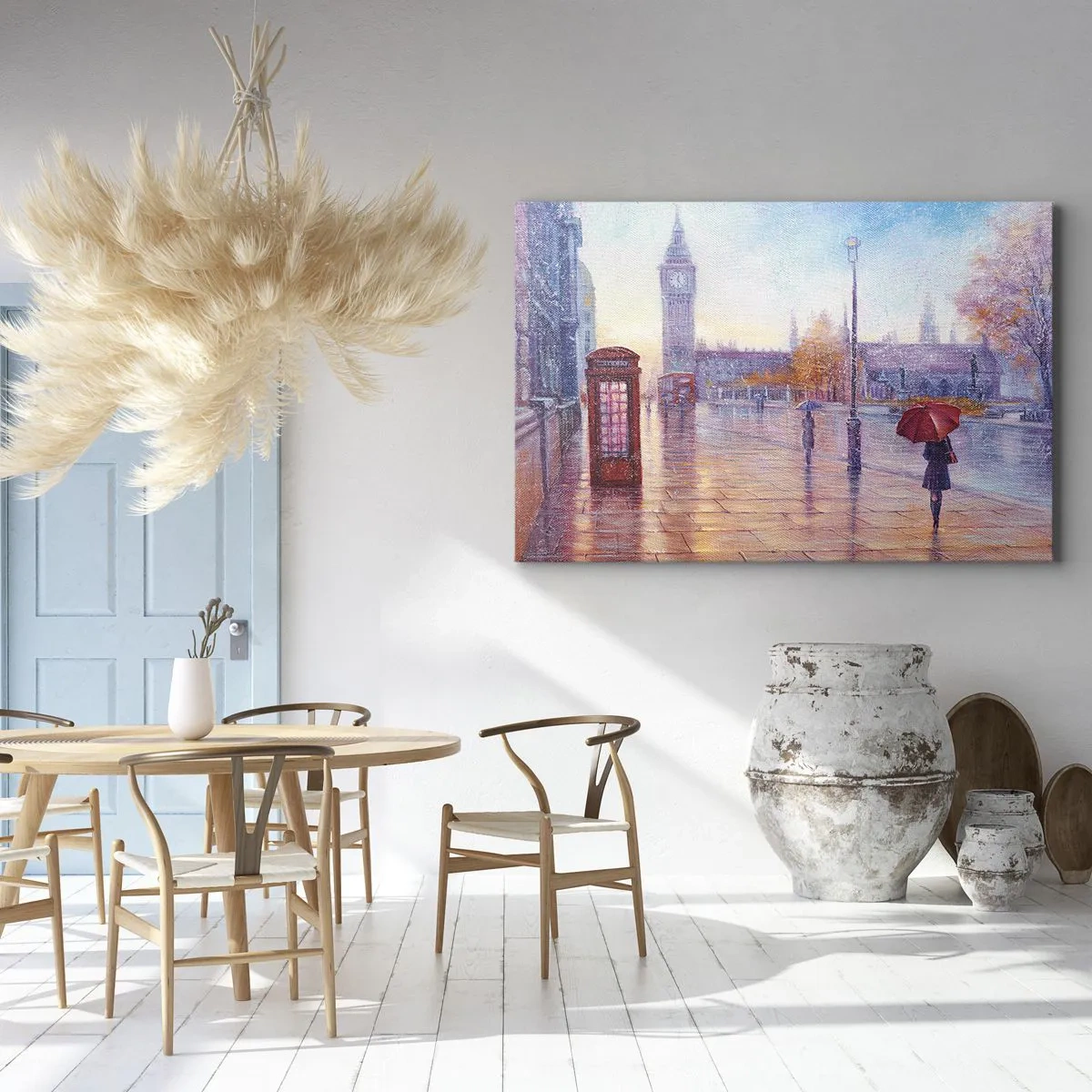 Lærredstryk - Billede på lærred - Londons gade med Big Ben på en regnvejrsdag - 70x50cm - En efterårsdag i London - Moderne vægdekoration til stue og soveværelse ARTTOR