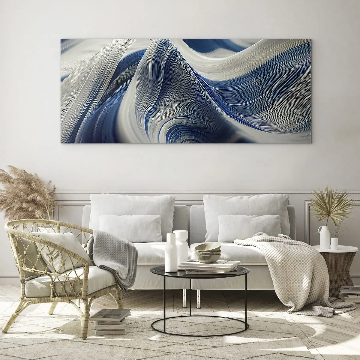Billede på glas - Flydende blå og hvide farver - 100x40 cm