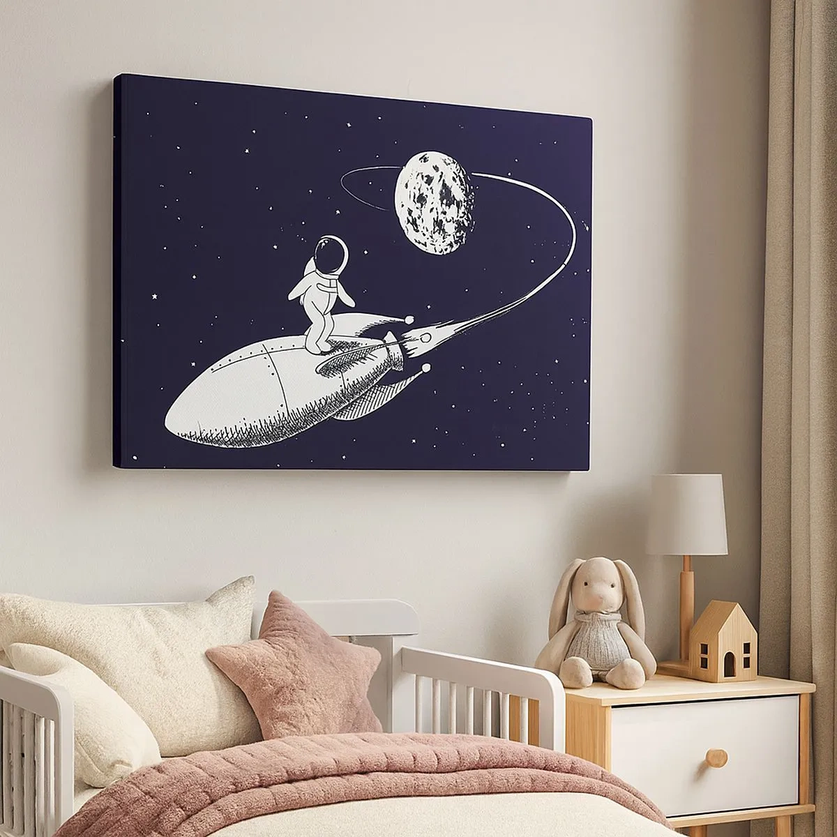 Lærredstryk - Billede på lærred - Astronaut på en raket i rummet - 70x50cm - Space surfer - Moderne vægdekoration til stue og soveværelse ARTTOR