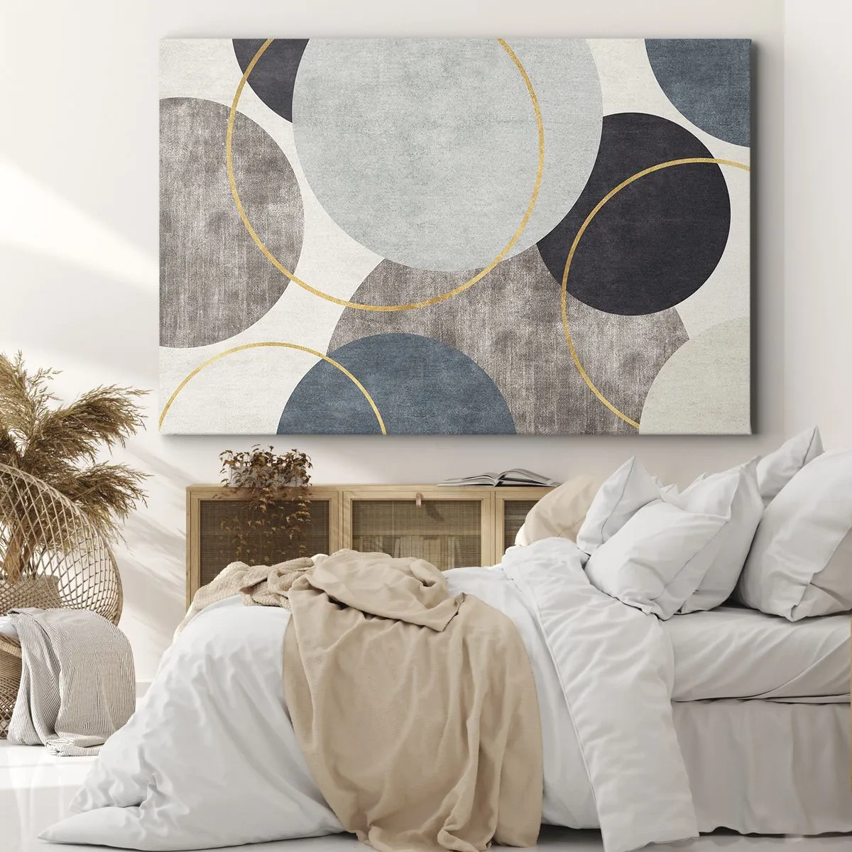 Lærredstryk - Billede på lærred - Geometriske cirkler i nuancer af grå, blå og guld - 70x50cm - Hjul efter hjul - Moderne vægdekoration til stue og soveværelse ARTTOR