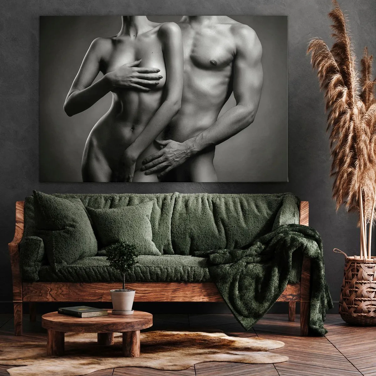 Lærredstryk - Billede på lærred - Sort-hvid repræsentation af kvindelige og mandlige kroppe i en kunstnerisk positur - 70x50cm - Adam og Eva - Moderne vægdekoration til stue og soveværelse ARTTOR