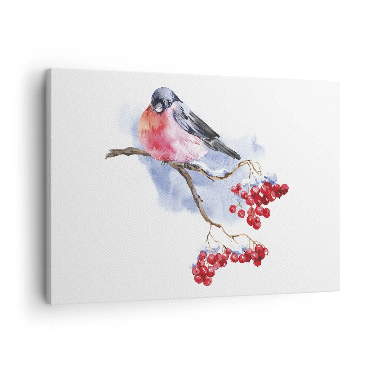 Lærredstryk - Billede på lærred - Fugl på en gren med rød frugt i akvarelbaggrunden - 70x50cm - Vinter i farver - Moderne vægdekoration til stue og soveværelse ARTTOR