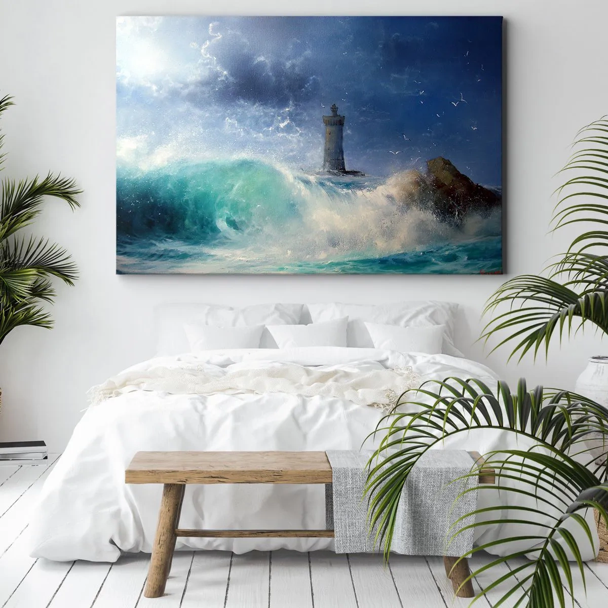 Lærredstryk - Billede på lærred - Et fyrtårn omgivet af barske bølger og skyer - 70x50cm - På vagt mod elementerne - Moderne vægdekoration til stue og soveværelse ARTTOR