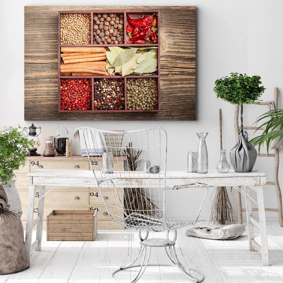 Lærredstryk - Billede på lærred - Trækasse med forskellige krydderier i rum - 70x50cm - Orden af former, duftbuket af aromaer - Moderne vægdekoration til stue og soveværelse ARTTOR