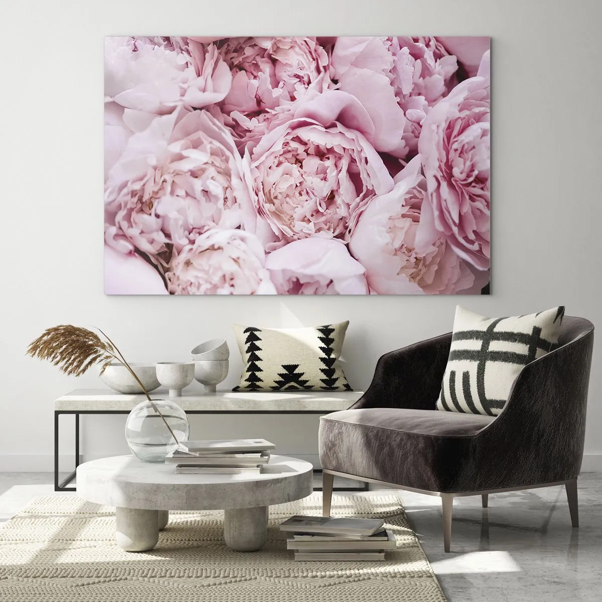 Billede på glas - Nærbillede af en buket lyserøde pæoner - 70x50cm - Hyggeligt og velduftende - Moderne vægdekoration til stue og soveværelse ARTTOR