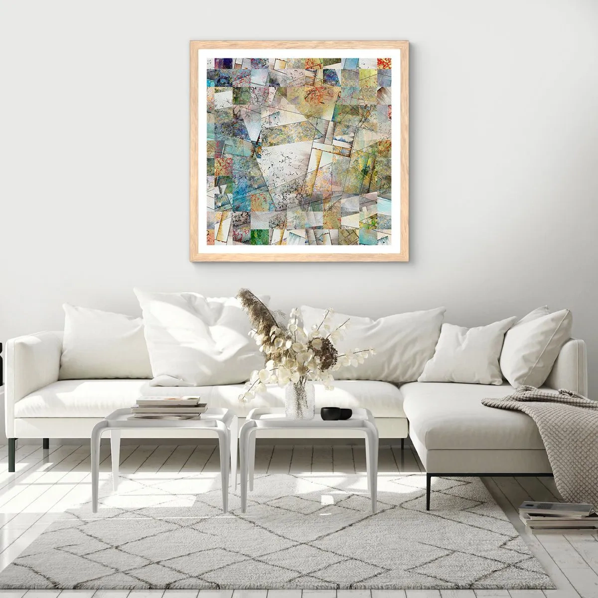 Plakat i ramme af lyst egetræ - Geometrisk ommøblering - 50x50 cm