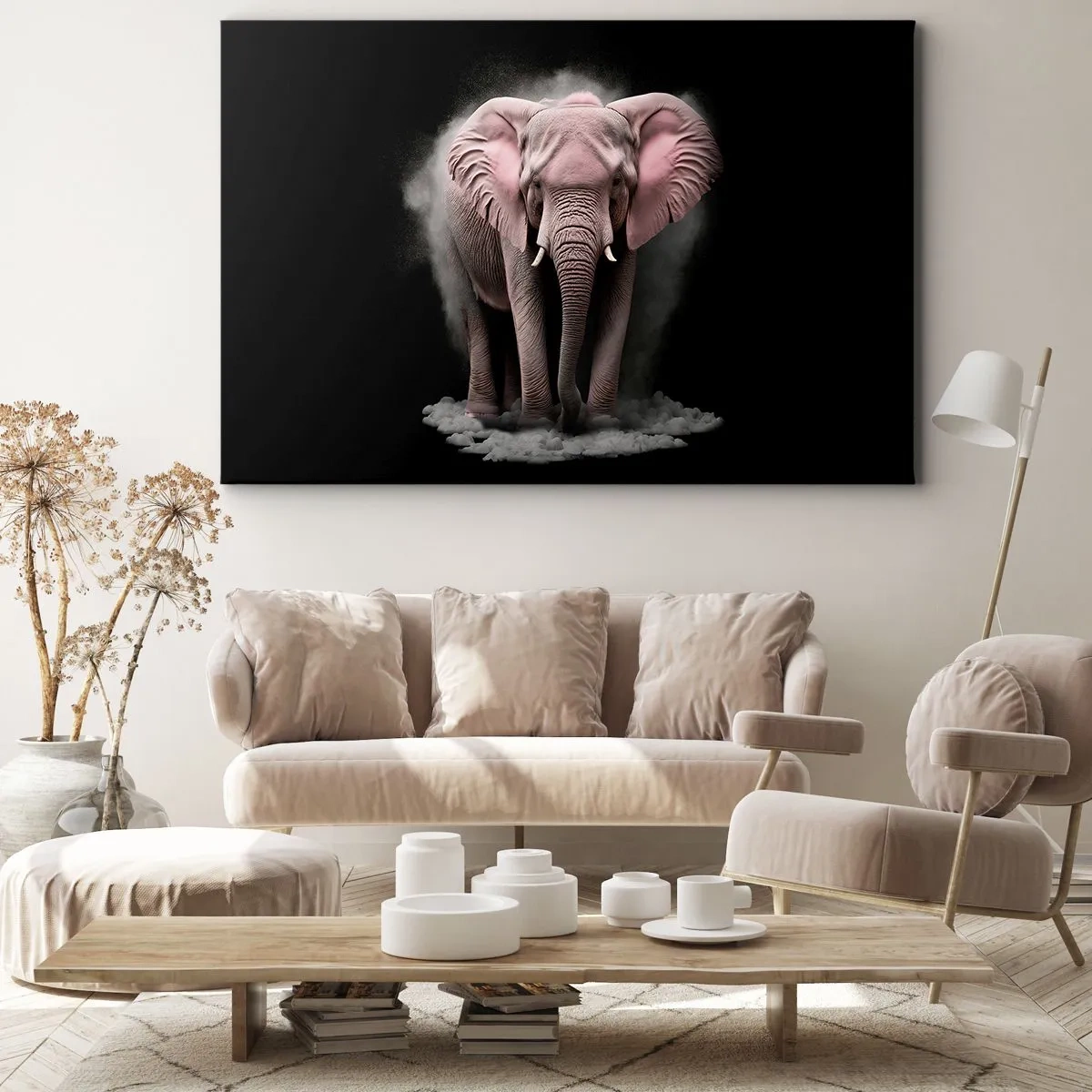 Lærredstryk - Billede på lærred - En kunstnerisk version af en lyserød elefant på en sort baggrund - 70x50cm - Tænk ikke på en lyserød elefant! - Moderne vægdekoration til stue og soveværelse ARTTOR