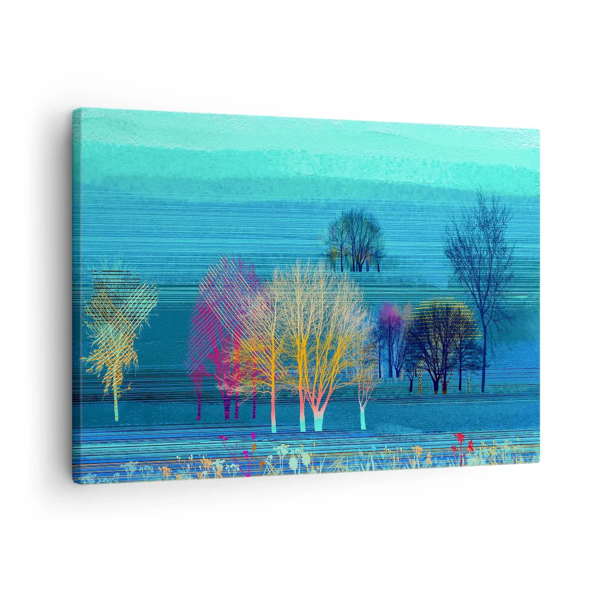 Lærredstryk - Billede på lærred - Farverige træer mod et blåt, minimalistisk landskab - 70x50cm - Et vidtstrakt landskab - Moderne vægdekoration til stue og soveværelse ARTTOR