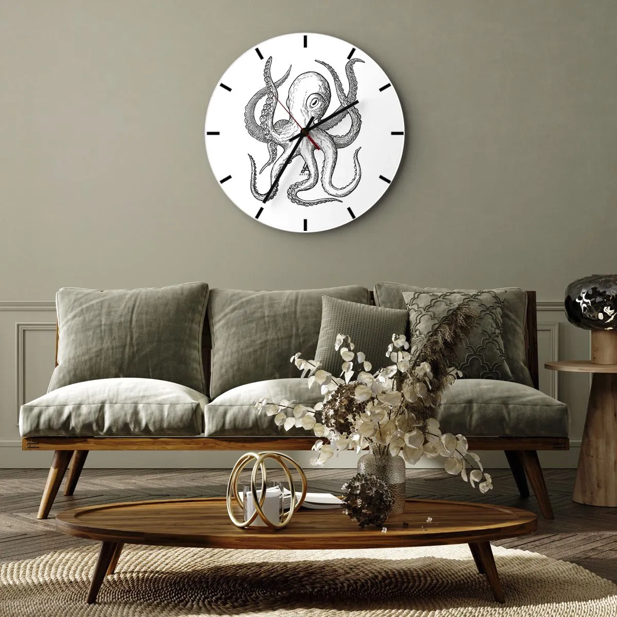 Vægur, Uret - Vintage-stil blæksprutte illustration på hvid baggrund - 30x30cm - Dans med bølger - Moderne vægdekoration til stue, køkken og soveværelse ARTTOR