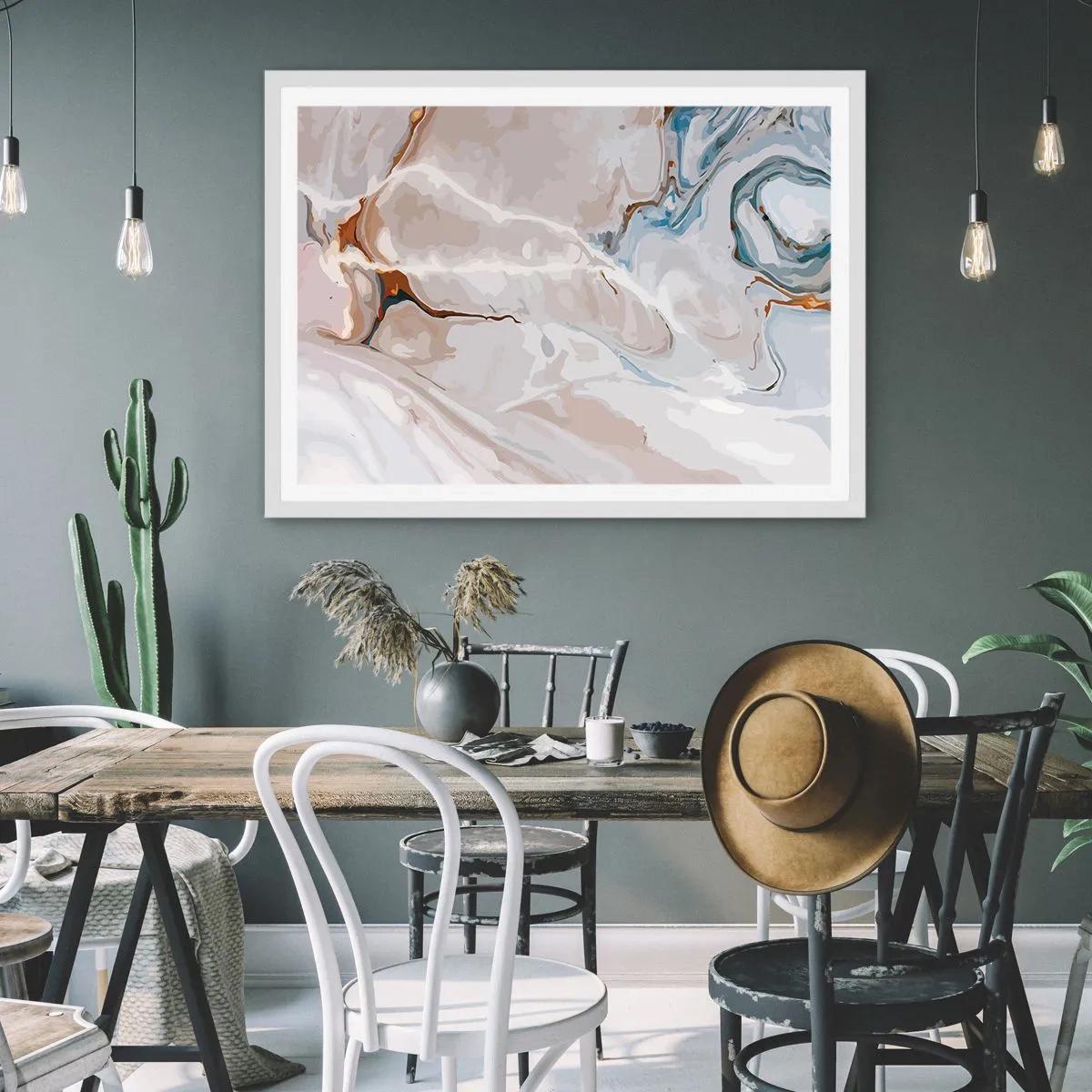 Plakat i hvid ramme - Blå slynger sig under det hvide - 100x70 cm
