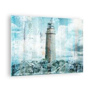 Billede på glas - Vintage fyrtårn med skyer i baggrunden - 70x50cm - På gammelt træ - Moderne vægdekoration til stue og soveværelse ARTTOR