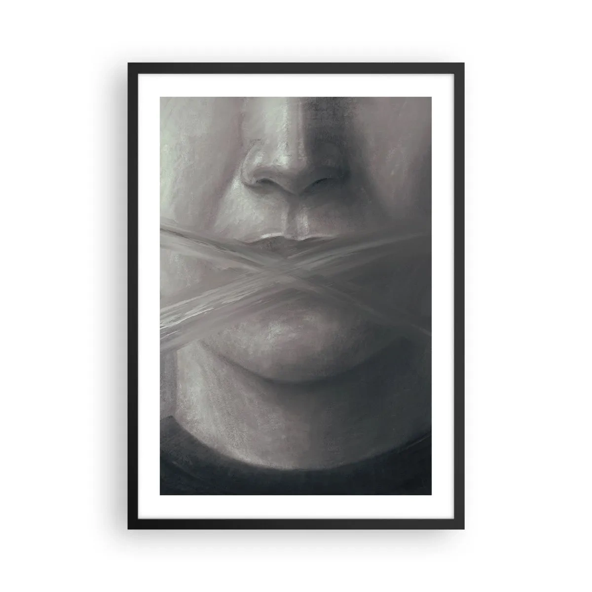 Plakat i sort ramme - Et symbolsk ansigt med en tildækket mund i monokromatiske farver. - 50x70cm - Ikke et ord - Moderne vægdekoration til stue og soveværelse ARTTOR