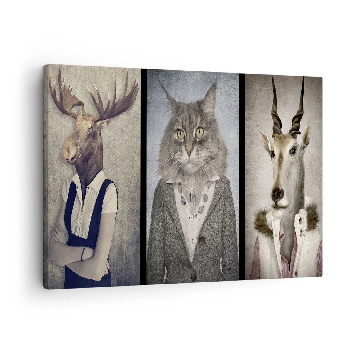 Lærredstryk - Billede på lærred - Triptykon med dyrefigurer i elegant tøj mod en stiliseret baggrund - 70x50cm - Pelse er igen på mode - Moderne vægdekoration til stue og soveværelse ARTTOR