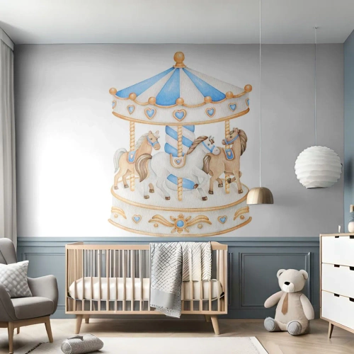 Fototapet Standard Eco - En karrusel med heste i pastelfarver på en hvid baggrund - 100x70cm - Sød barndom - Moderne vægdekoration til stue og soveværelse ARTTOR