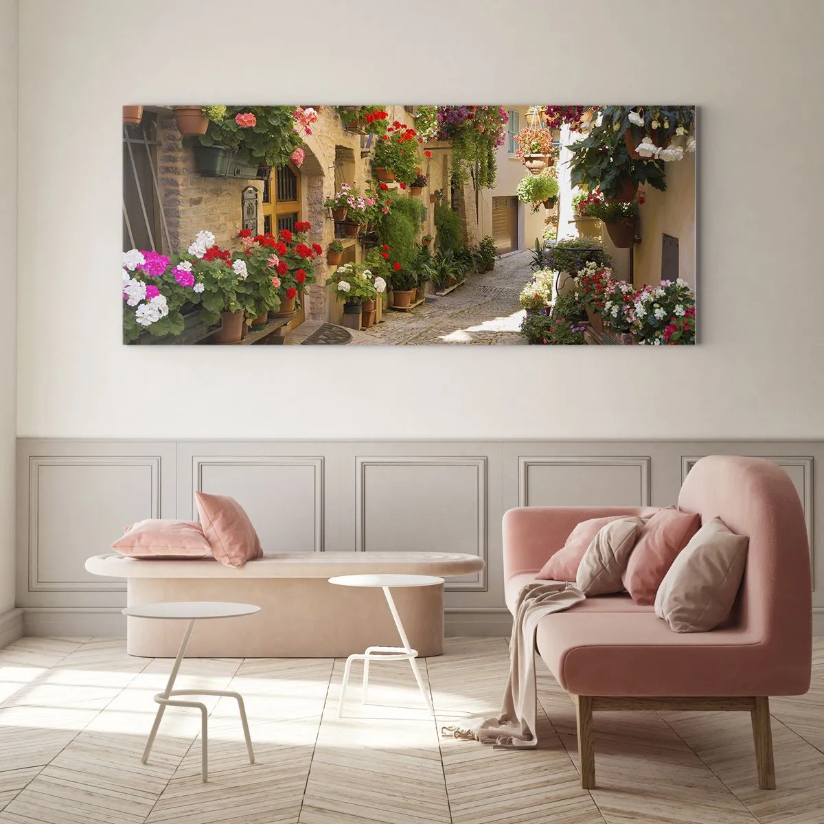 Billede på glas - I en strøm af blomster - 90x30 cm