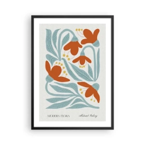 Plakat i sort ramme - Dekorative blomster i orange og blå nuancer - 50x70cm - Mod jorden, mod solen - Moderne vægdekoration til stue og soveværelse ARTTOR