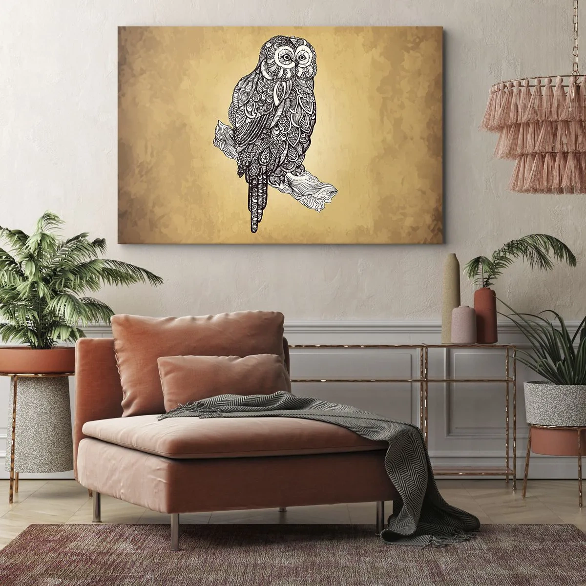Lærredstryk - Billede på lærred - En ugle i ornamental stil på en beige baggrund - 70x50cm - Indviklede ornamenter af visdom - Moderne vægdekoration til stue og soveværelse ARTTOR