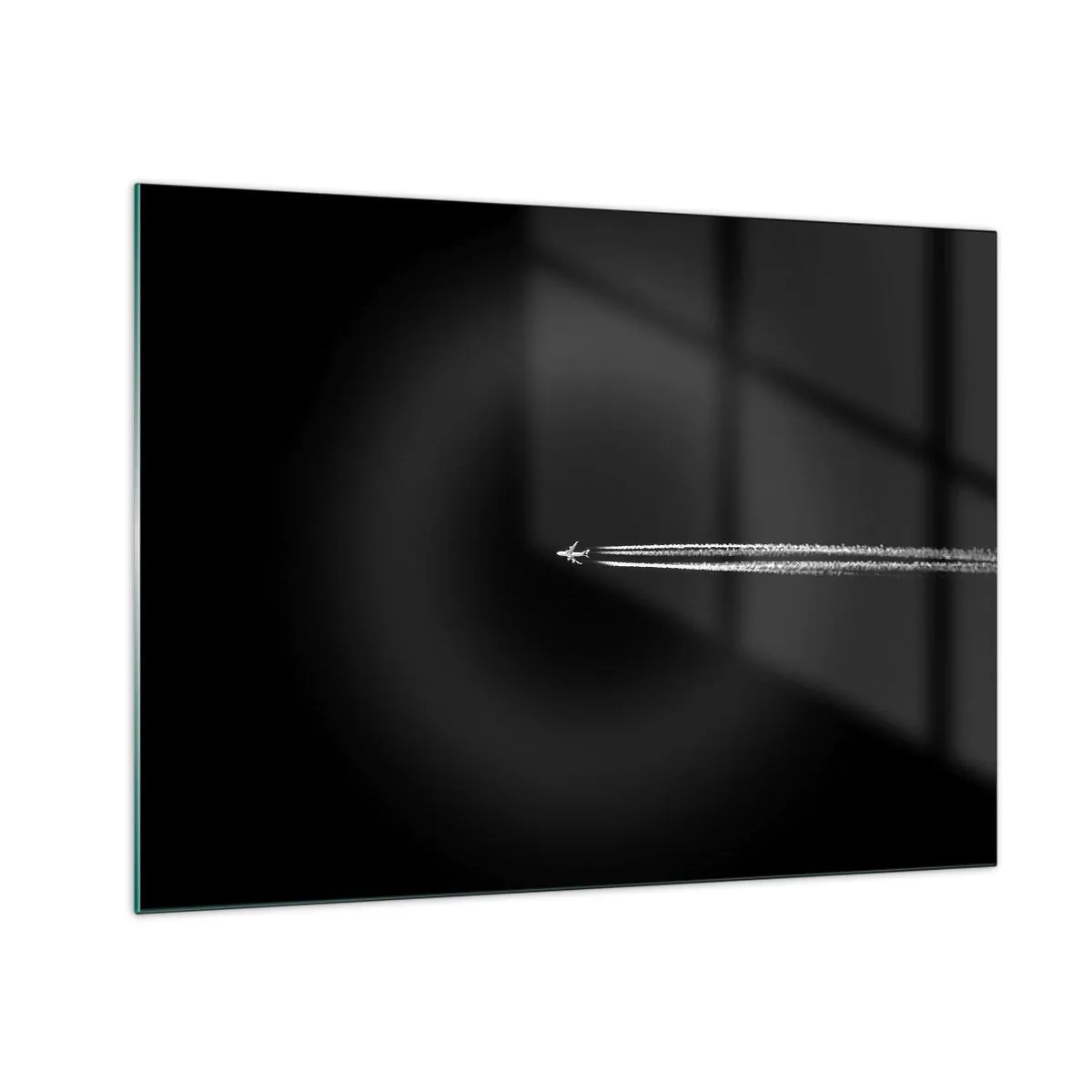 Billede på glas - Et jetfly på en sort baggrund med en kondensstribe - 70x50cm - Ind i en anden dimension - Moderne vægdekoration til stue og soveværelse ARTTOR