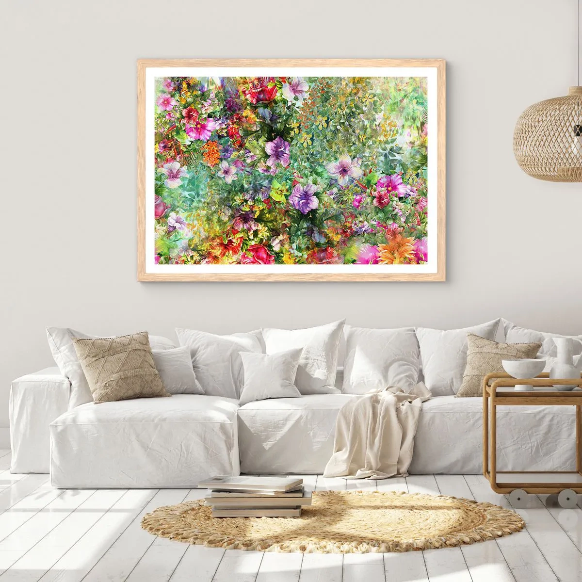 Plakat i ramme af lyst egetræ - Ind i blomsterne ved fortabelse - 91x61 cm