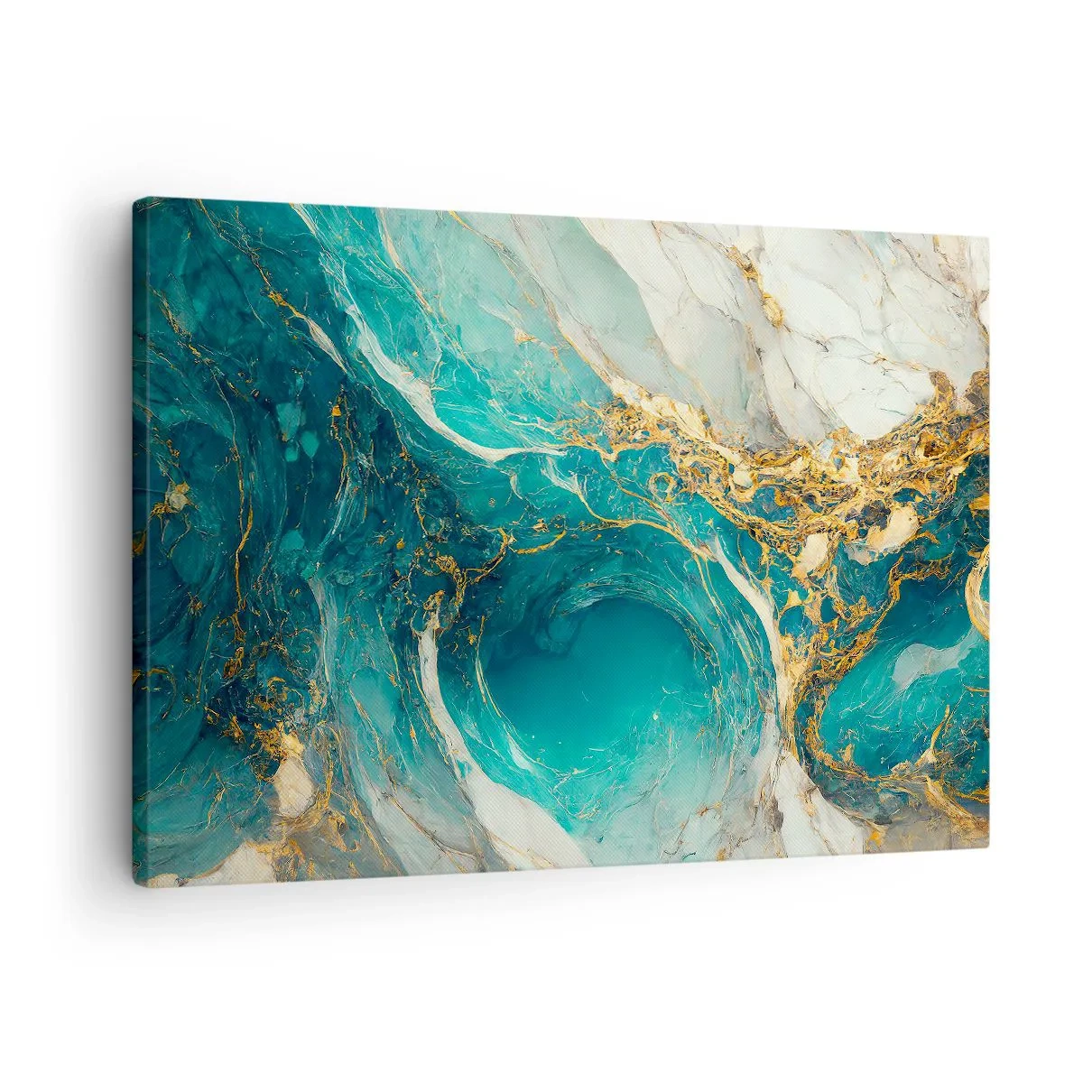 Lærredstryk - Billede på lærred - En abstrakt komposition i nuancer af turkis og guld. - 70x50cm - Komposition med årer af guld - Moderne vægdekoration til stue og soveværelse ARTTOR
