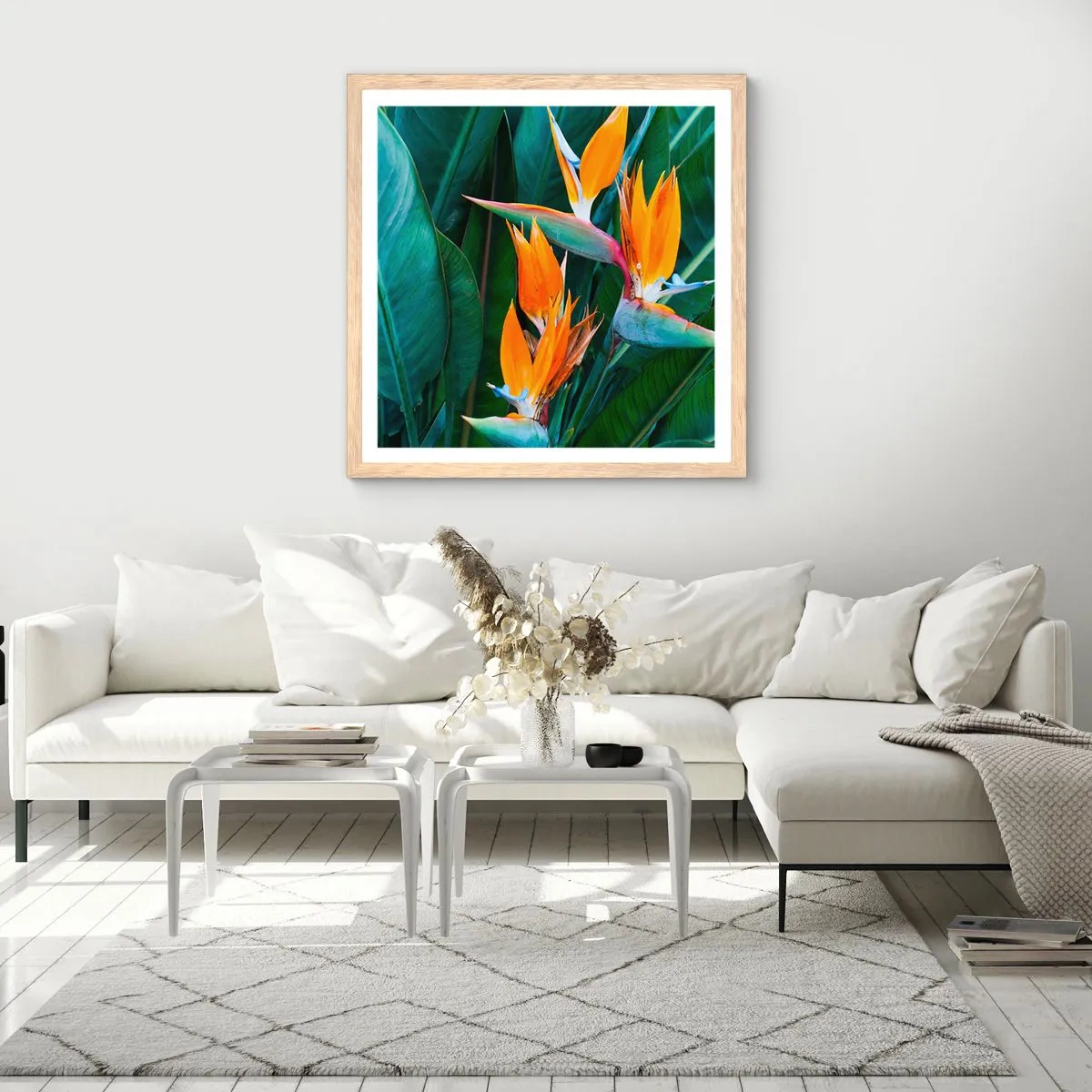 Plakat i ramme af lyst egetræ - Er det en blomst eller er det en fugl? - 40x40 cm