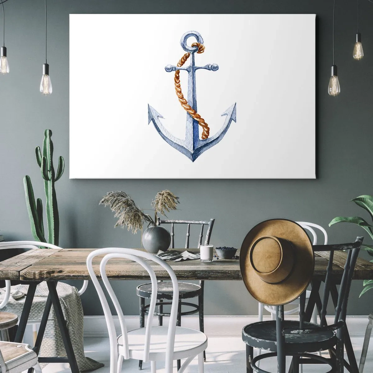 Lærredstryk - Billede på lærred - Anker med reb i akvarelstil - 70x50cm - Ahoj eventyr! - Moderne vægdekoration til stue og soveværelse ARTTOR