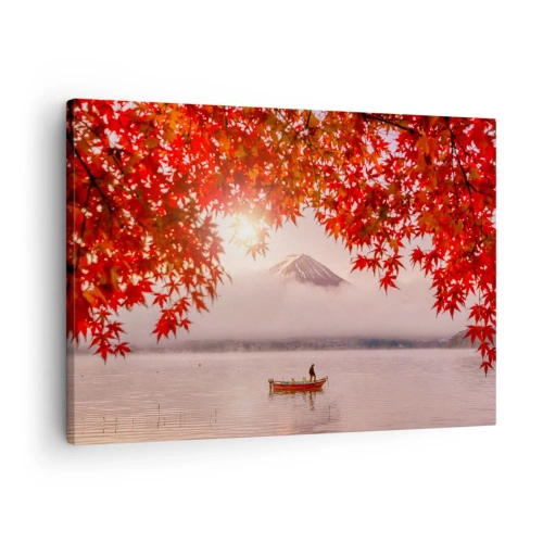 Lærredstryk - Billede på lærred - En båd på en sø omgivet af røde ahornblade - 70x50cm - I en japansk atmosfære - Moderne vægdekoration til stue og soveværelse ARTTOR