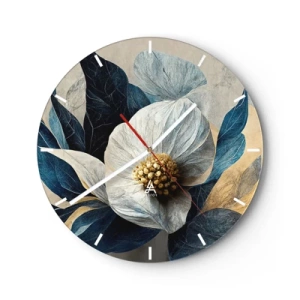 Vægur, Uret - Et hvidt blomsterarrangement med marineblå blade og en gylden midte - 30x30cm - Har et hjerte af guld - Moderne vægdekoration til stue, køkken og soveværelse ARTTOR