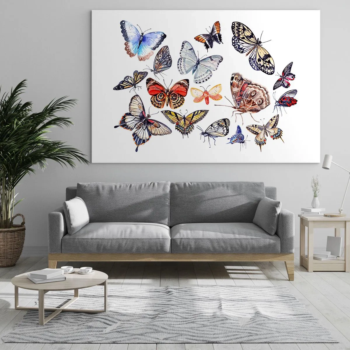 Billede på glas - Farverige sommerfugle i en kunstnerisk komposition - 70x50cm - Blonder, farverig sværm - Moderne vægdekoration til stue og soveværelse ARTTOR