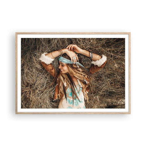 Plakat i ramme af lyst egetræ - På vej til kærlighedens sommer - 100x70 cm