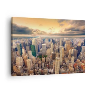 Lærredstryk - Billede på lærred - Bypanorama med udsigt over skyskrabere ved solnedgang - 70x50cm - En forgyldt metropol - Moderne vægdekoration til stue og soveværelse ARTTOR