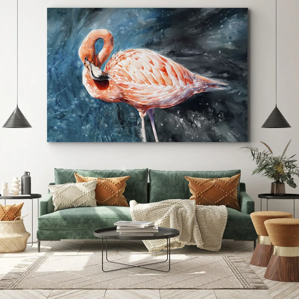 Lærredstryk - Billede på lærred - En lyserød flamingo på en akvarelblå baggrund - 70x50cm - Dekorativ af natur - Moderne vægdekoration til stue og soveværelse ARTTOR