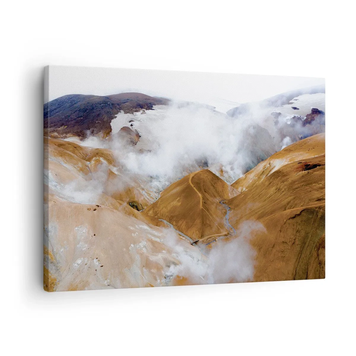 Lærredstryk - Billede på lærred - Et bjerglandskab med damp i et barskt klima - 70x50cm - Den rå skønhed i Island - Moderne vægdekoration til stue og soveværelse ARTTOR